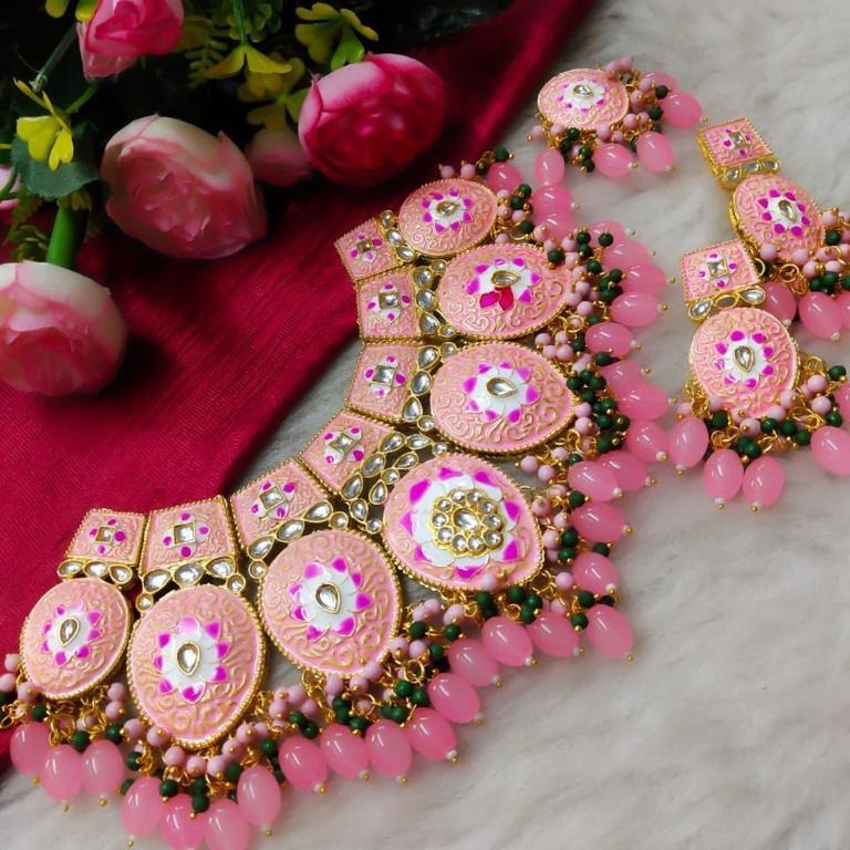 Pink kundan necklace set